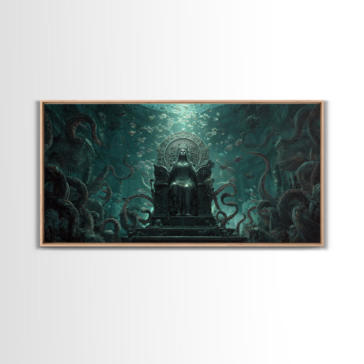 The Watcher In The Coral Throne, Wide Panoramic Art, Lovecraftian Horror Art, Framed Canvas Print, Halloween Wall Decor, Gothic Home Decor