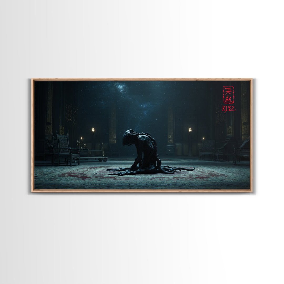 The Crawler Beneath The Floor Of Stars, Wide Panoramic Art, Eldritch Gothic Decor, Framed Canvas Print, Halloween Wall Decor