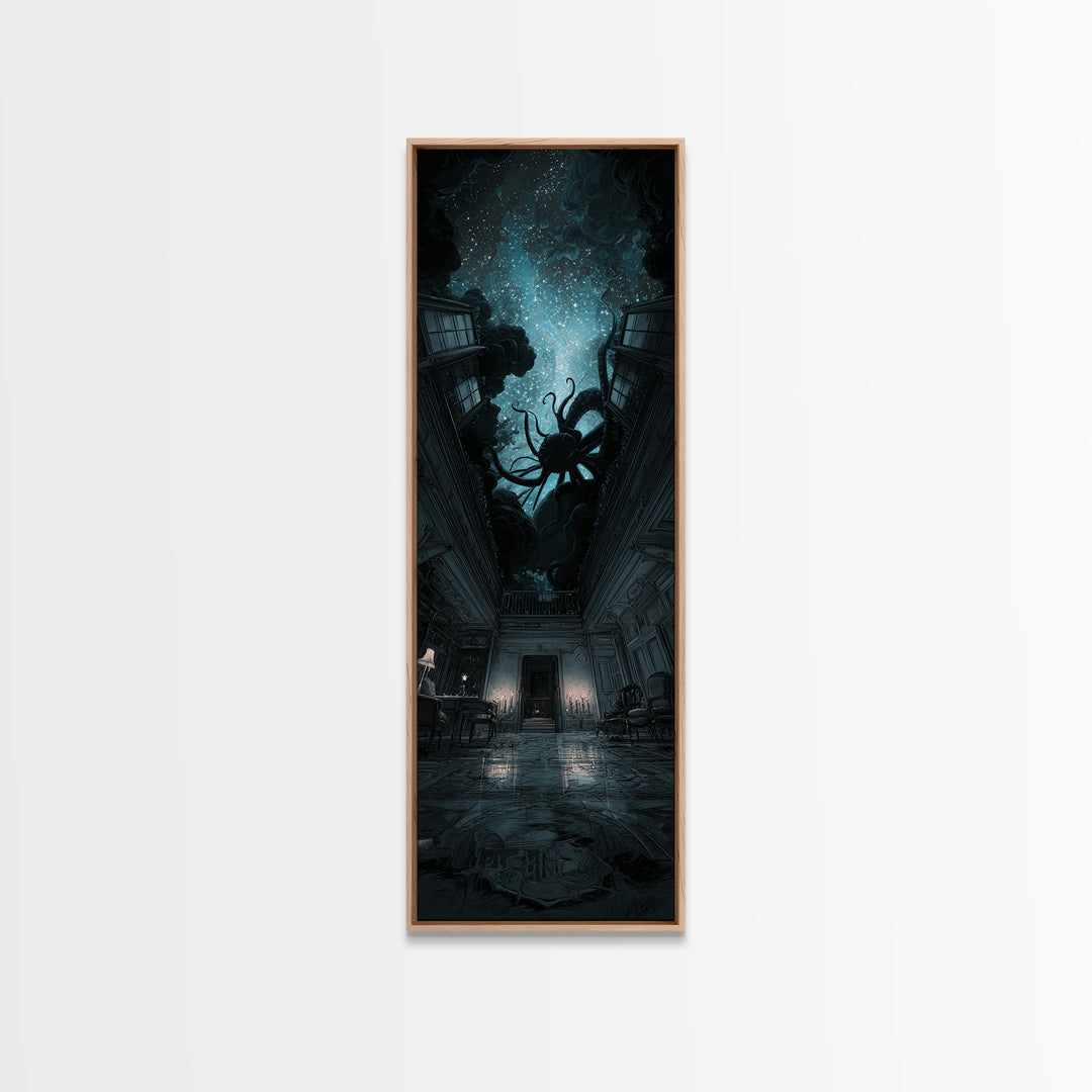 The Crawler Beneath The Floor Of Stars, Tall Narrow Wall Art, Spooky Home Decor, Framed Canvas Print, Halloween Wall Decor