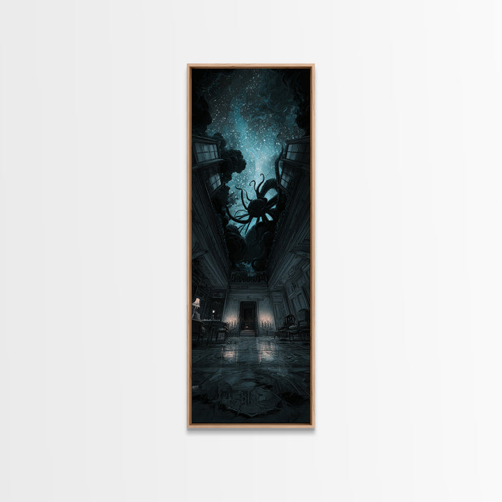The Crawler Beneath The Floor Of Stars, Tall Narrow Wall Art, Spooky Home Decor, Framed Canvas Print, Halloween Wall Decor