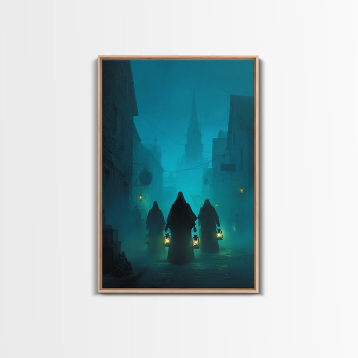 The Innsmouth Lantern Procession, Vertical Wall Art, Spooky Home Decor, Framed Canvas Print, Halloween Wall Decor, Gothic Home Decor