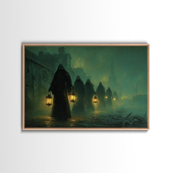 The Innsmouth Lantern Procession, Landscape Wall Art, Macabre Wall Art, Canvas Print, Halloween Wall Decor, Gothic Home Decor