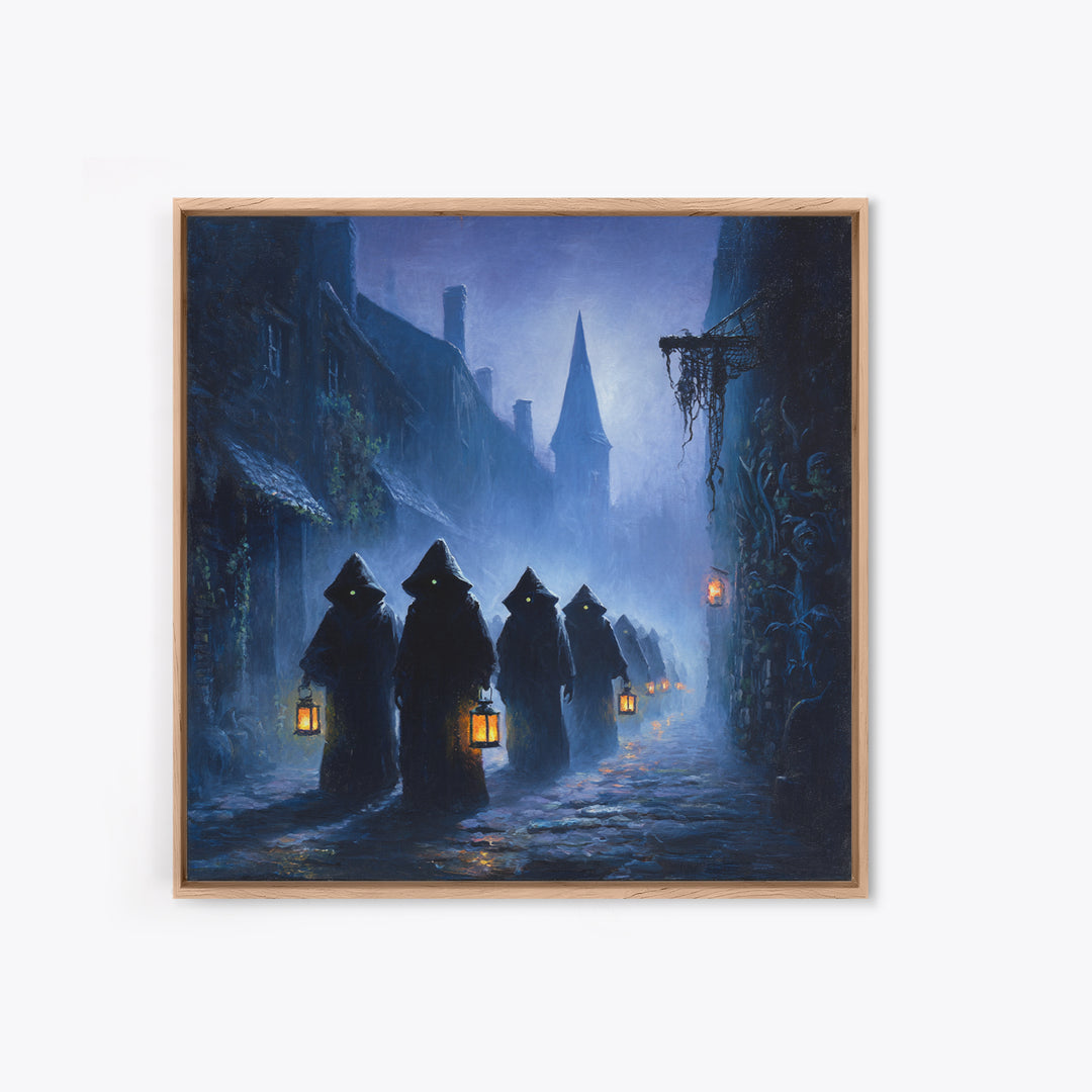 The Innsmouth Lantern Procession, Square Wall Art, Gothic Horror Wall Art, Framed Canvas Print, Halloween Wall Decor, Gothic Home Decor