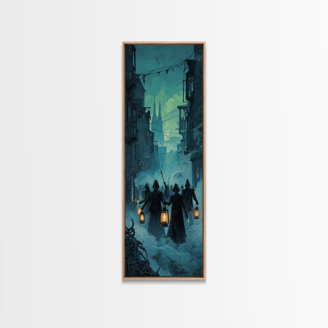 The Innsmouth Lantern Procession, Tall Narrow Wall Art, Gothic Horror Wall Art, Canvas Print, Halloween Wall Decor, Gothic Home Decor