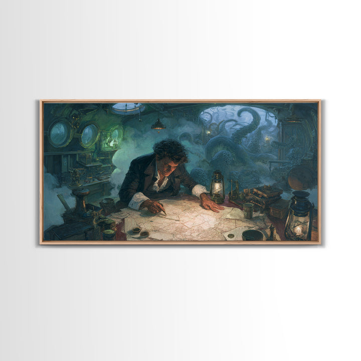 The Mapmaker Of Impossible Shores, Wide Panoramic Art, Eldritch Gothic Decor, Framed Canvas Print, Halloween Wall Decor, Gothic Home Decor