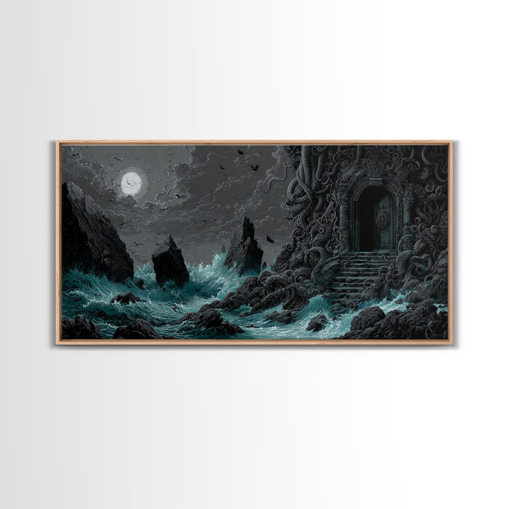 The Keeper Of The Black Reef Key, Wide Panoramic Art, Gothic Horror Wall Art, Canvas Print, Halloween Wall Decor, Gothic Home Decor