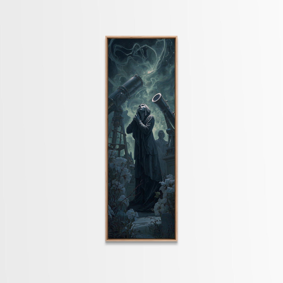 The Widow Of The Whispering Comet, Tall Narrow Wall Art, Macabre Wall Art, Framed Canvas Print, Halloween Wall Decor, Gothic Home Decor
