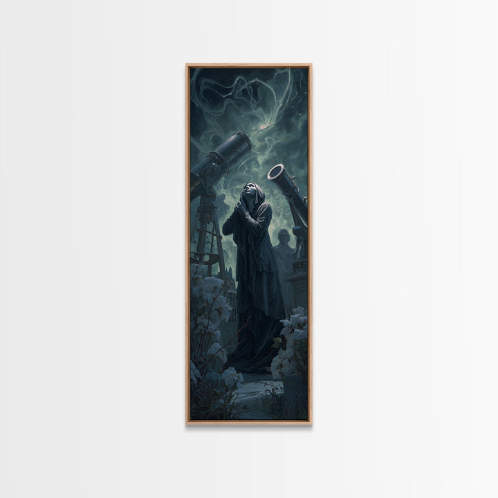 The Widow Of The Whispering Comet, Tall Narrow Wall Art, Macabre Wall Art, Framed Canvas Print, Halloween Wall Decor, Gothic Home Decor