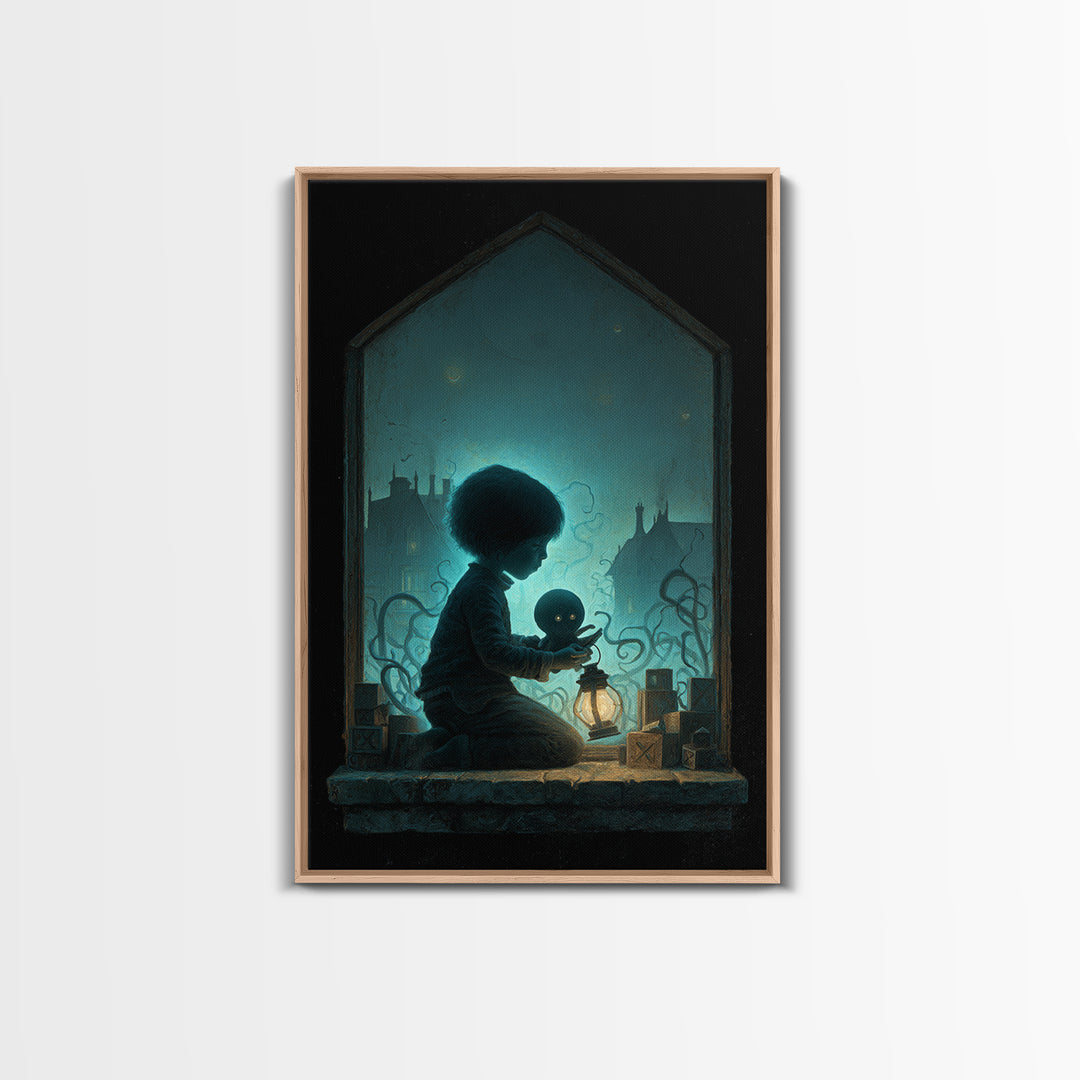 The Child Who Caught A Moon-Spawn, Vertical Wall Art, Eldritch Gothic Decor, Framed Canvas Print, Halloween Wall Decor, Gothic Home Decor