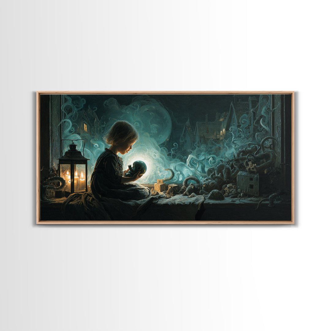 The Child Who Caught A Moon-Spawn, Wide Panoramic Art, Lovecraftian Horror Art, Framed Canvas Print, Halloween Wall Decor, Gothic Home Decor