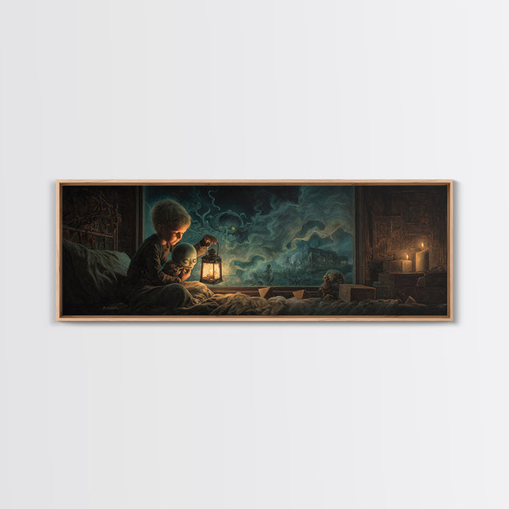 The Child Who Caught A Moon-Spawn, Extra Wide Wall Art, Eldritch Gothic Decor, Framed Canvas Print, Halloween Wall Decor, Gothic Home Decor