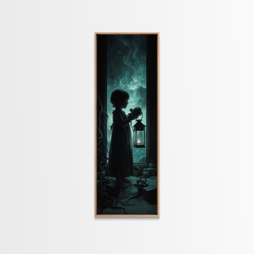 The Child Who Caught A Moon-Spawn, Tall Narrow Wall Art, Dark Halloween Decor, Framed Canvas Print, Halloween Wall Decor, Gothic Home Decor