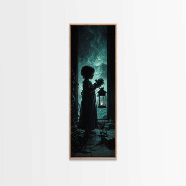 The Child Who Caught A Moon-Spawn, Tall Narrow Wall Art, Dark Halloween Decor, Framed Canvas Print, Halloween Wall Decor, Gothic Home Decor