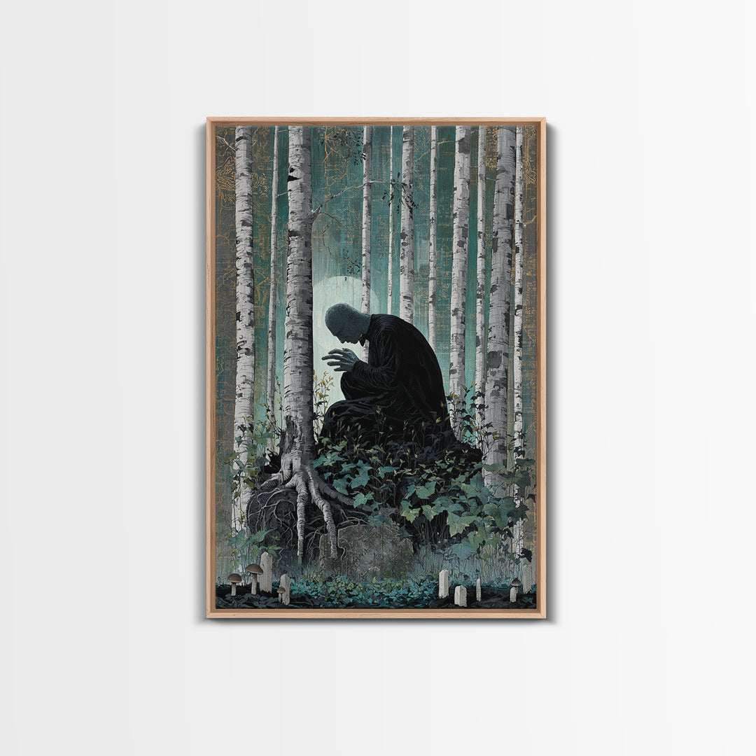 The Sleeper In The Birch Grove, Vertical Wall Art, Dark Fantasy Wall Art, Framed Canvas Print, Halloween Wall Decor, Gothic Home Decor