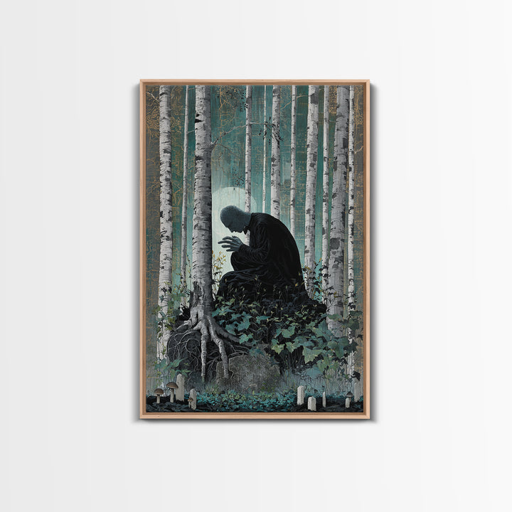 The Sleeper In The Birch Grove, Vertical Wall Art, Dark Fantasy Wall Art, Framed Canvas Print, Halloween Wall Decor, Gothic Home Decor