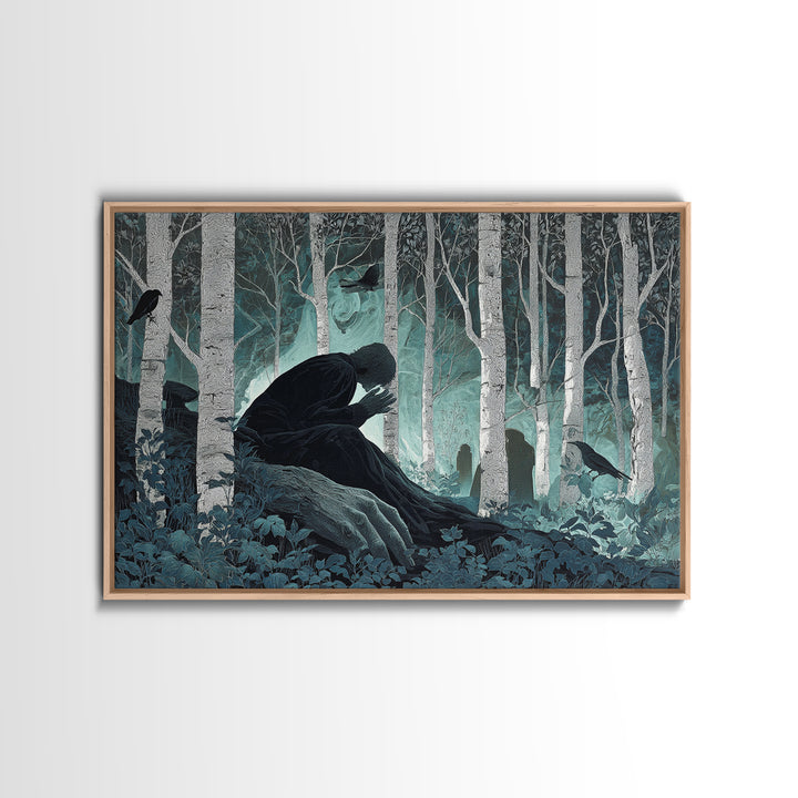 The Sleeper In The Birch Grove, Landscape Wall Art, Dark Halloween Decor, Canvas Print, Halloween Wall Decor, Gothic Home Decor