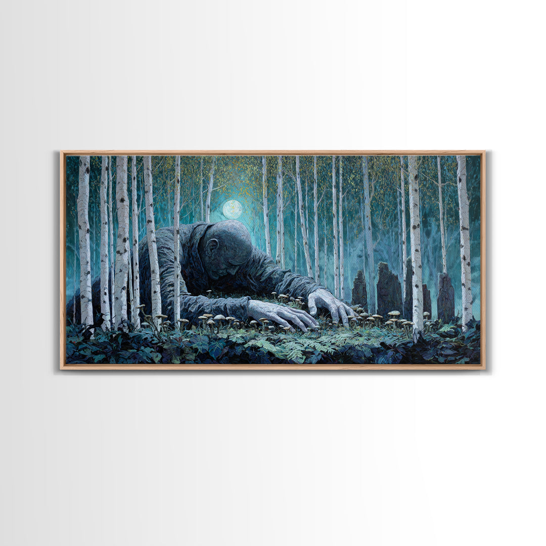 The Sleeper In The Birch Grove, Wide Panoramic Art, Lovecraftian Horror Art, Framed Canvas Print, Halloween Wall Decor, Gothic Home Decor