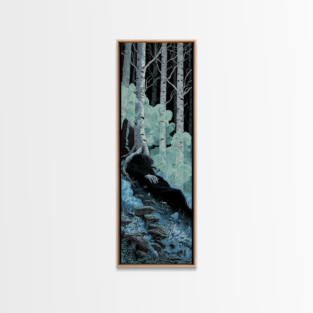 The Sleeper In The Birch Grove, Tall Narrow Wall Art, Spooky Home Decor, Framed Canvas Print, Halloween Wall Decor, Gothic Home Decor