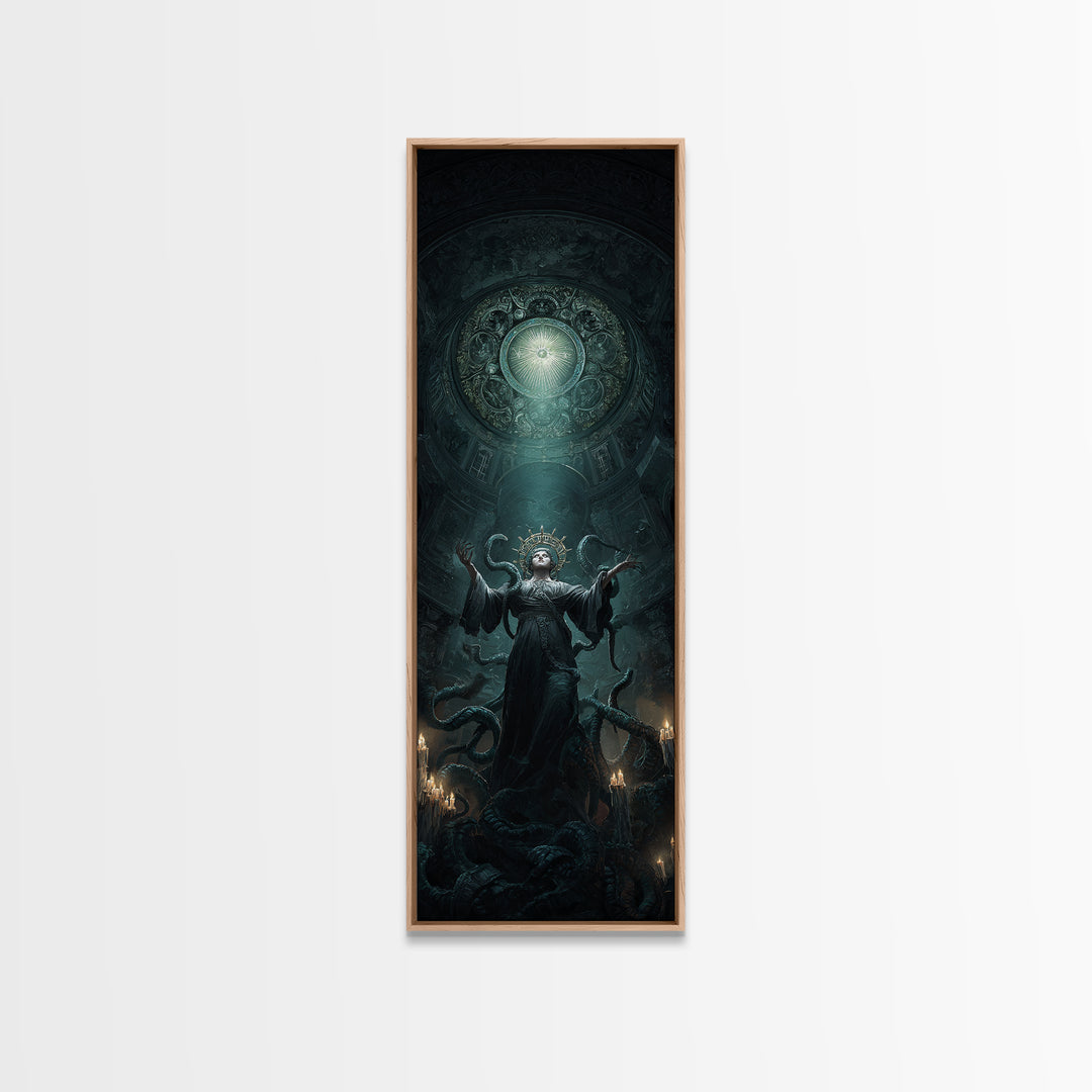 The Crown Of The Tentacled Saint, Tall Narrow Wall Art, Cosmic Horror Wall Art, Framed Canvas Print, Halloween Wall Decor, Gothic Home Decor
