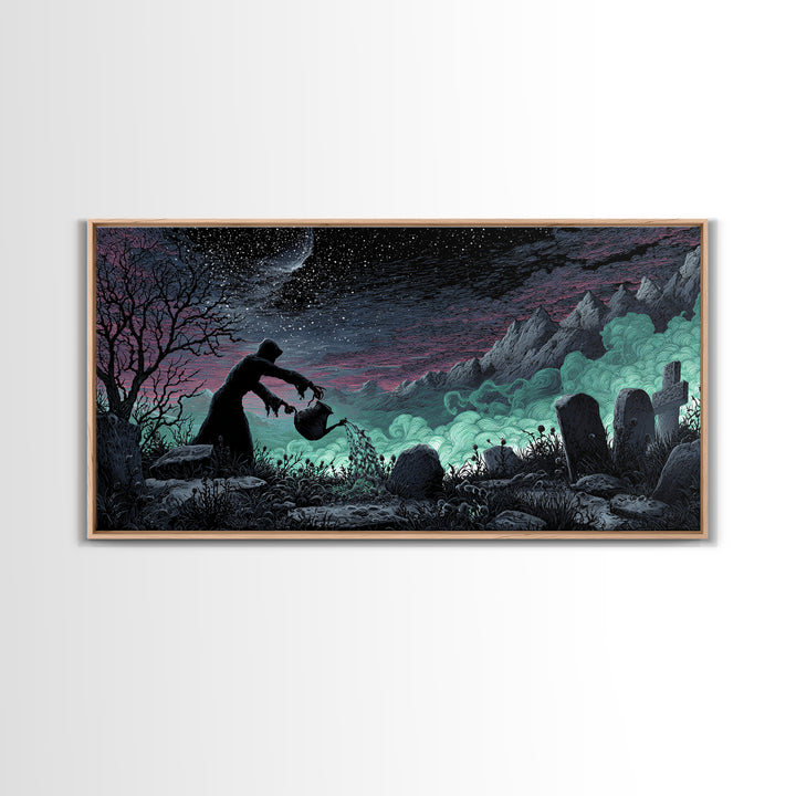 The Grave Gardener Of Yuggoth, Wide Panoramic Art, Spooky Home Decor, Canvas Print, Halloween Wall Decor, Gothic Home Decor, Halloween Decor