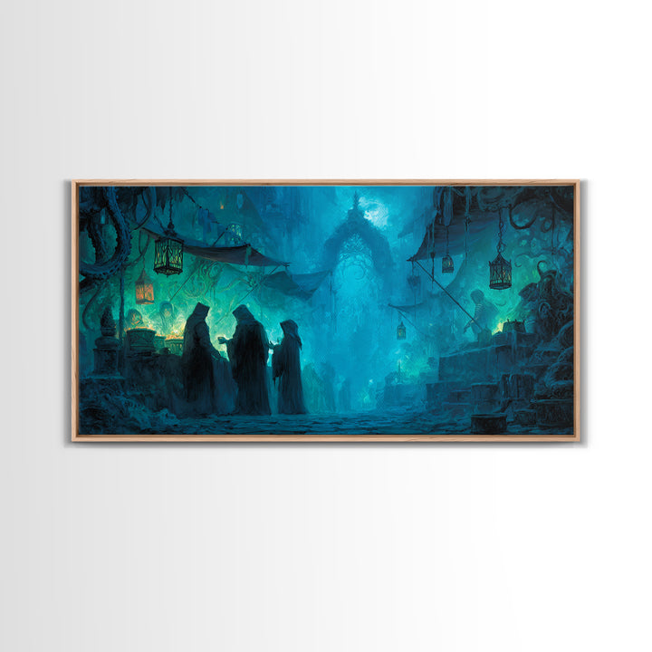 The Lantern Market Beyond The Veil, Wide Panoramic Art, Eldritch Gothic Decor, Framed Canvas Print, Halloween Wall Decor, Gothic Home Decor