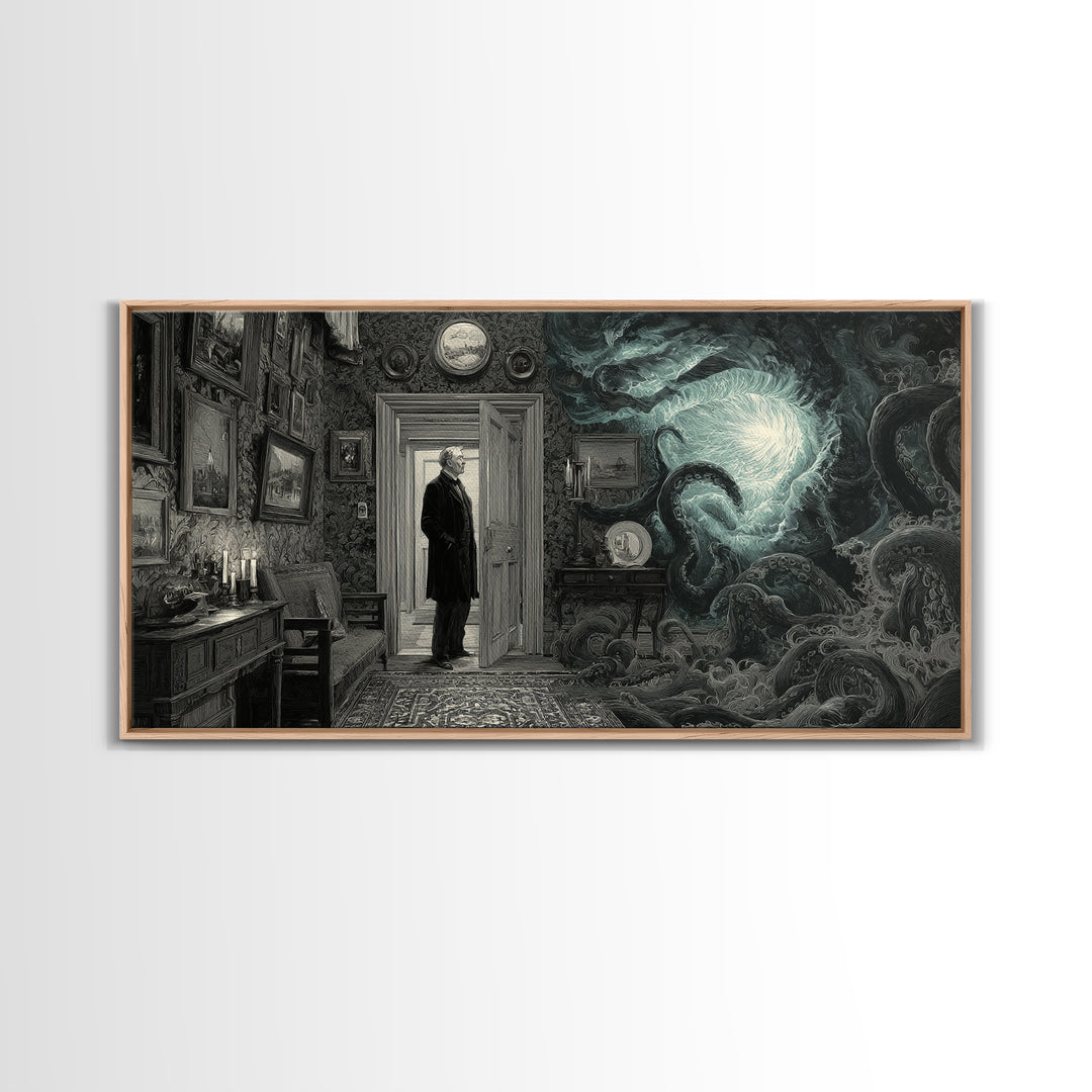 The Thirteenth Door Of Arkham House, Wide Panoramic Art, Gothic Horror Wall Art, Canvas Print, Halloween Wall Decor, Gothic Home Decor
