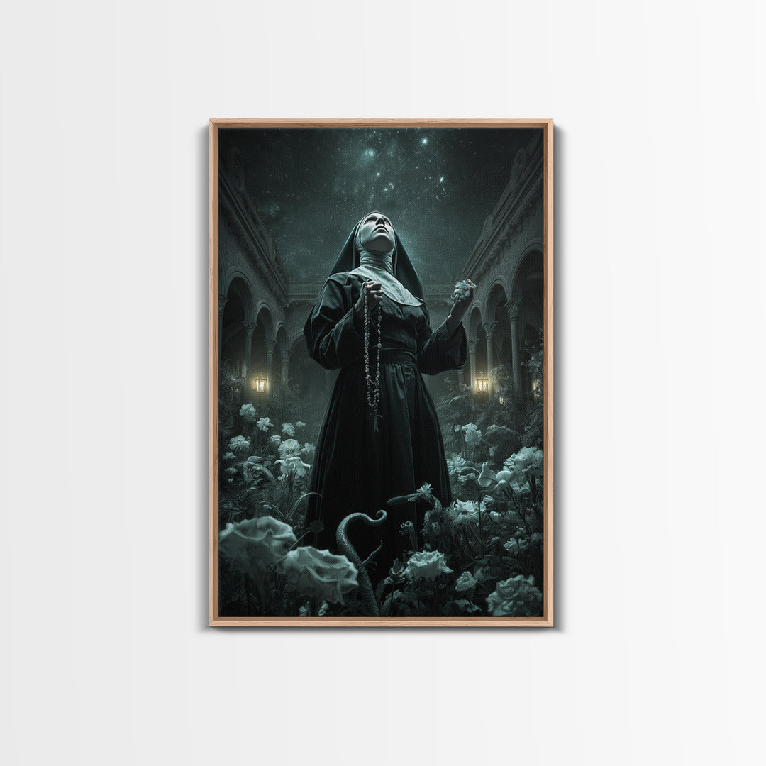The Nun Of The Endless Constellation, Vertical Wall Art, Spooky Home Decor, Framed Canvas Print, Halloween Wall Decor, Gothic Home Decor