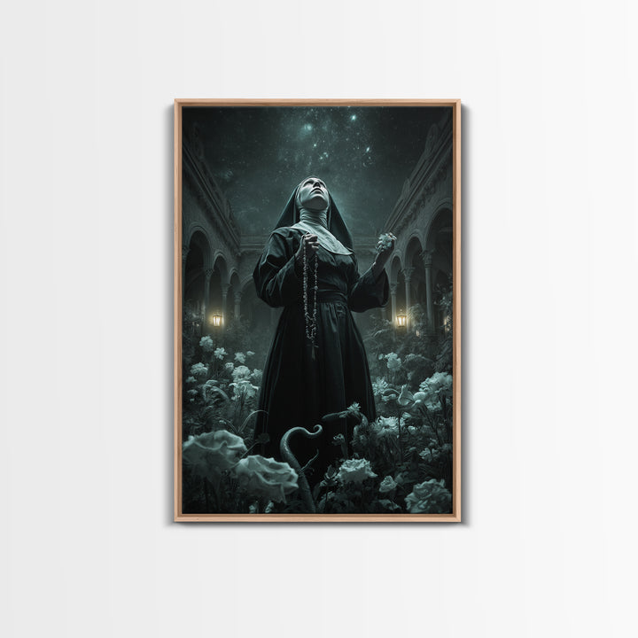 The Nun Of The Endless Constellation, Vertical Wall Art, Spooky Home Decor, Framed Canvas Print, Halloween Wall Decor, Gothic Home Decor