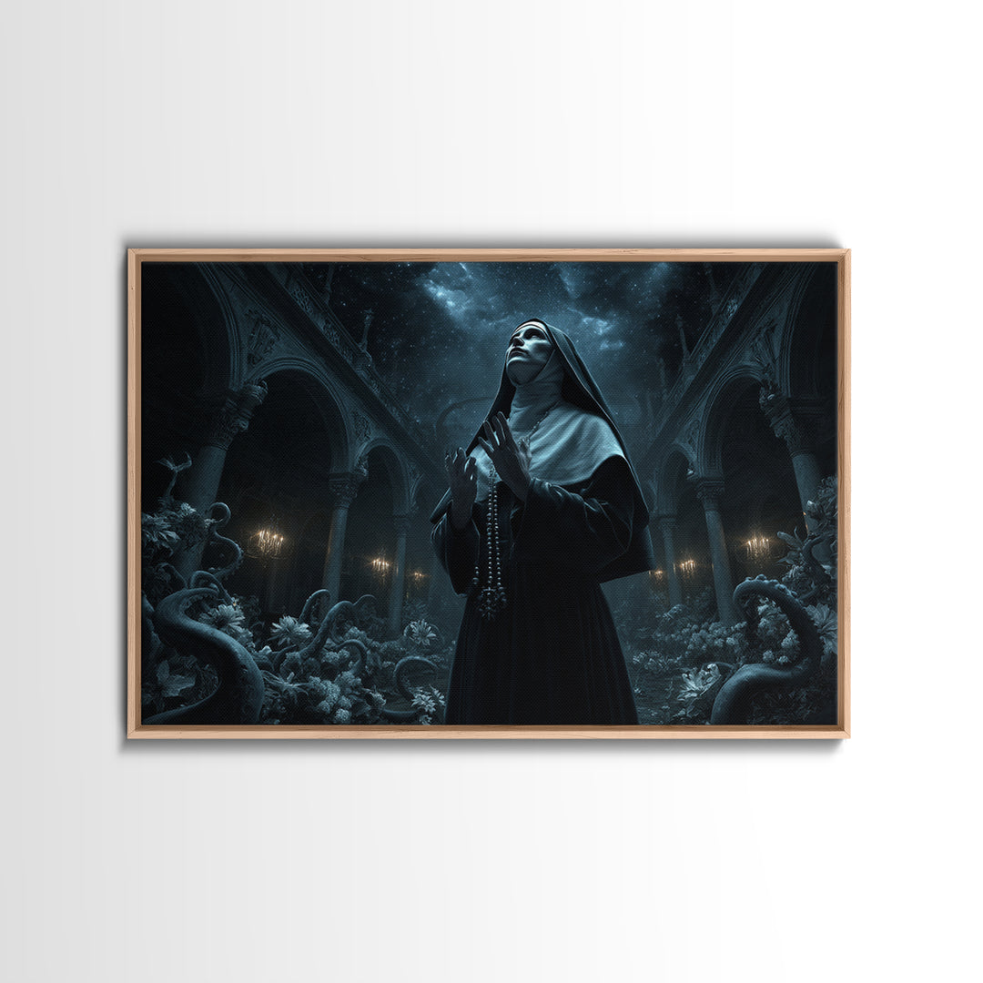 The Nun Of The Endless Constellation, Landscape Wall Art, Dark Halloween Decor, Framed Canvas Print, Halloween Wall Decor, Gothic Home Decor