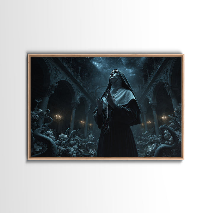 The Nun Of The Endless Constellation, Landscape Wall Art, Dark Halloween Decor, Framed Canvas Print, Halloween Wall Decor, Gothic Home Decor