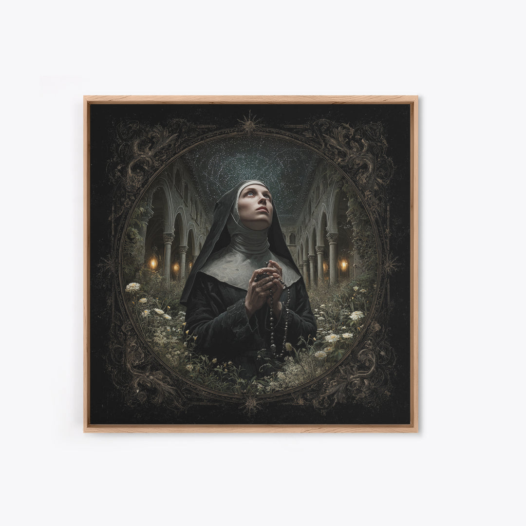 The Nun Of The Endless Constellation, Square Wall Art, Haunted Gothic Art, Framed Canvas Print, Halloween Wall Decor, Gothic Home Decor