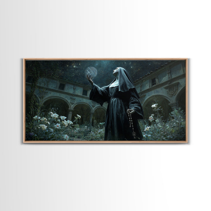 The Nun Of The Endless Constellation, Wide Panoramic Art, Dark Halloween Decor, Canvas Print, Halloween Wall Decor, Gothic Home Decor