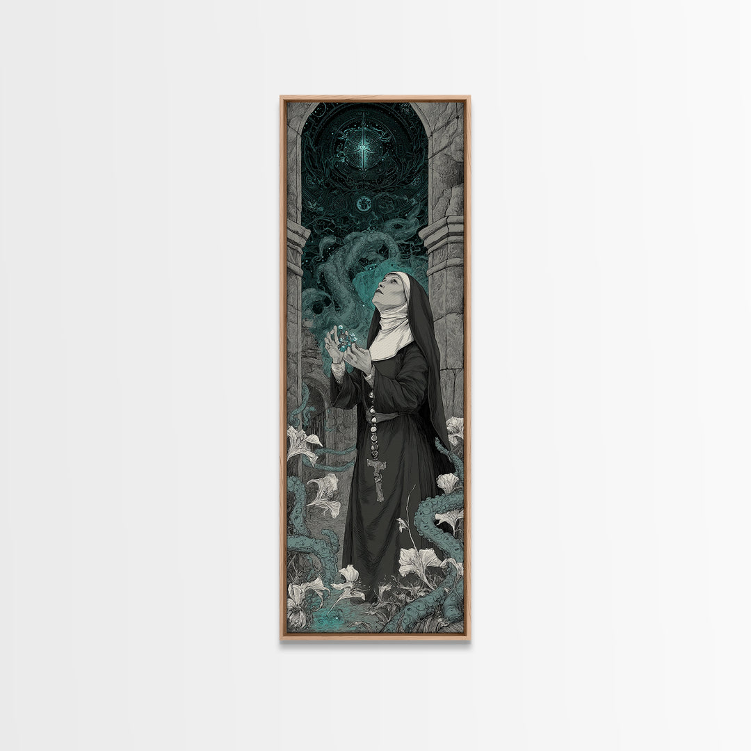 The Nun Of The Endless Constellation, Tall Narrow Wall Art, Haunted Gothic Art, Framed Canvas Print, Halloween Wall Decor, Gothic Home Decor