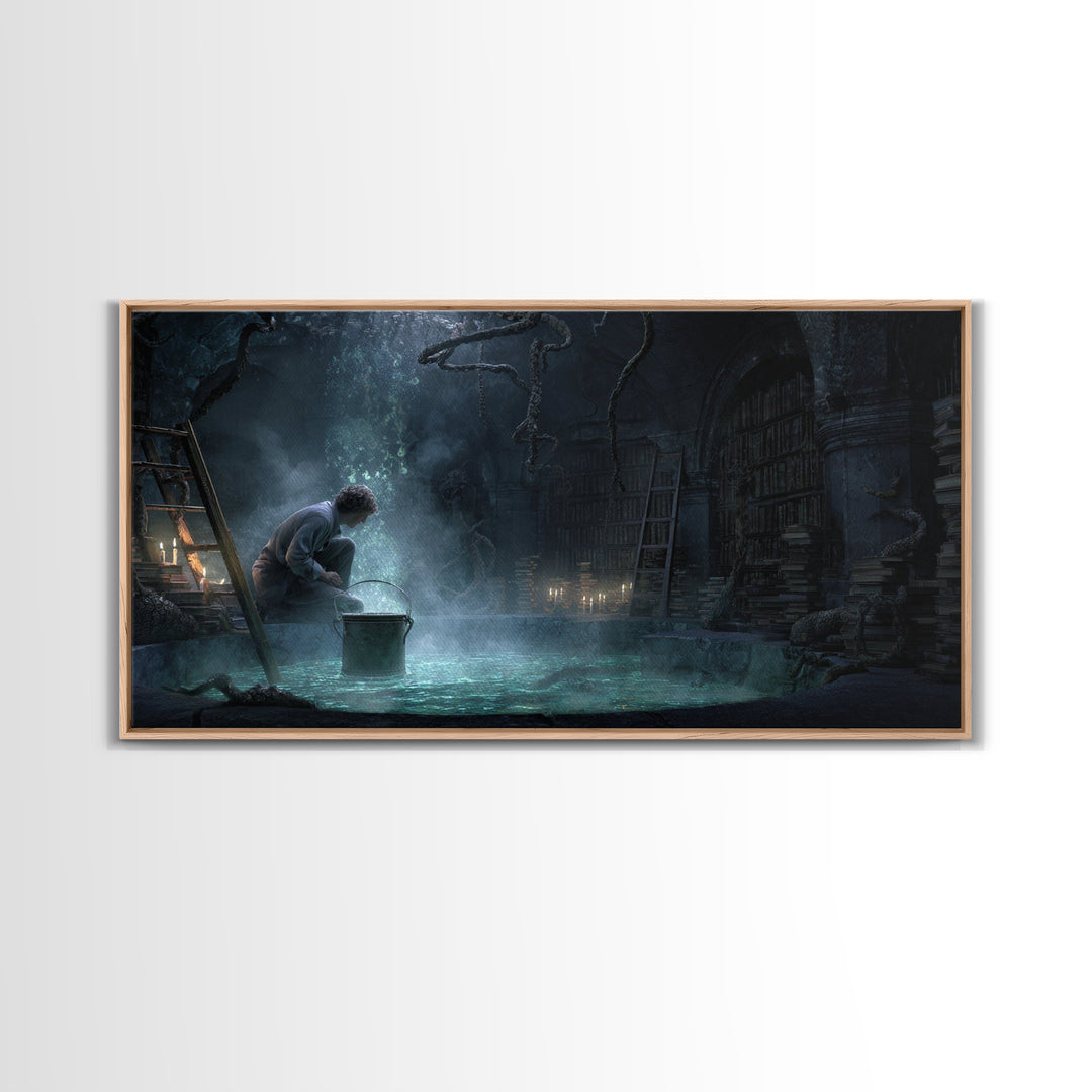 The Dreamwell Beneath Miskatonic, Wide Panoramic Art, Eldritch Gothic Decor, Framed Canvas Print, Halloween Wall Decor, Gothic Home Decor