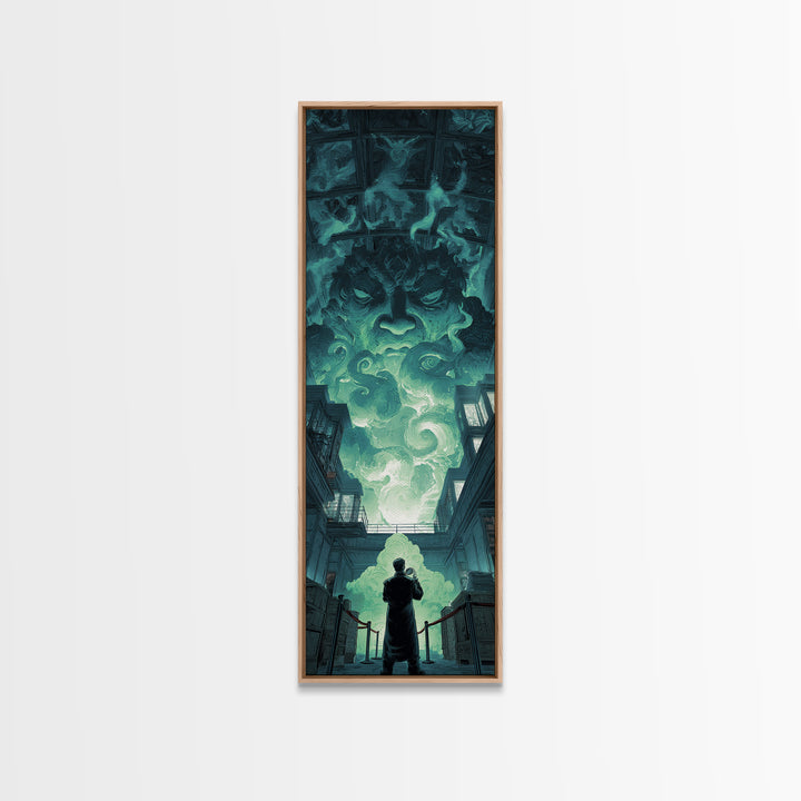 The Custodian Of The Whispering Idol, Tall Narrow Wall Art, Dark Halloween Decor, Framed Canvas Print, Halloween Wall Decor