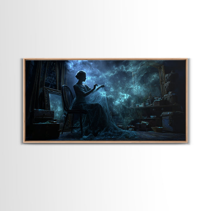 The Seamstress Of Living Nebulae, Wide Panoramic Art, Haunted Gothic Art, Canvas Print, Halloween Wall Decor, Gothic Home Decor