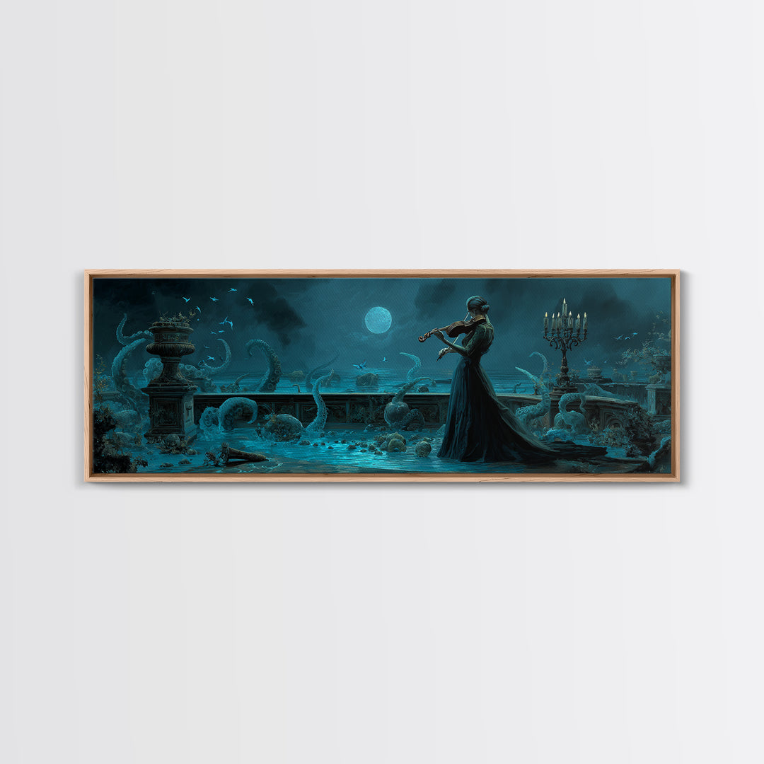 The Violinist Of The Drowned Moon, Extra Wide Wall Art, Haunted Gothic Art, Framed Canvas Print, Halloween Wall Decor, Gothic Home Decor