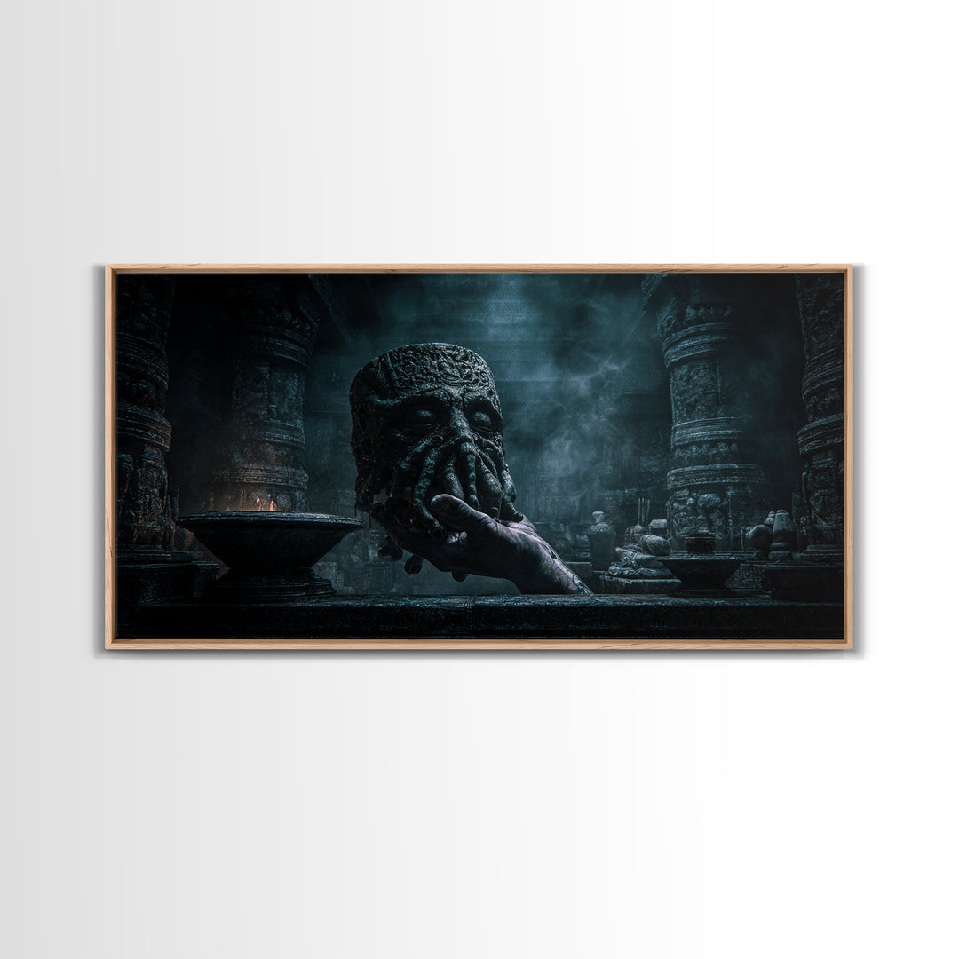 The Mask Of The Crawling God, Wide Panoramic Art, Lovecraftian Horror Art, Canvas Print, Halloween Wall Decor, Gothic Home Decor