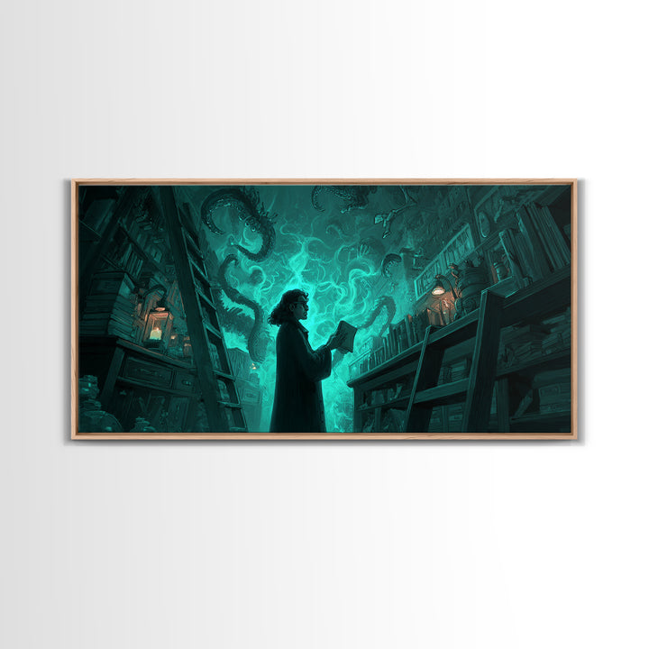 The Archivist Of Dreaming Bones, Wide Panoramic Art, Gothic Horror Wall Art, Framed Canvas Print, Halloween Wall Decor, Gothic Home Decor