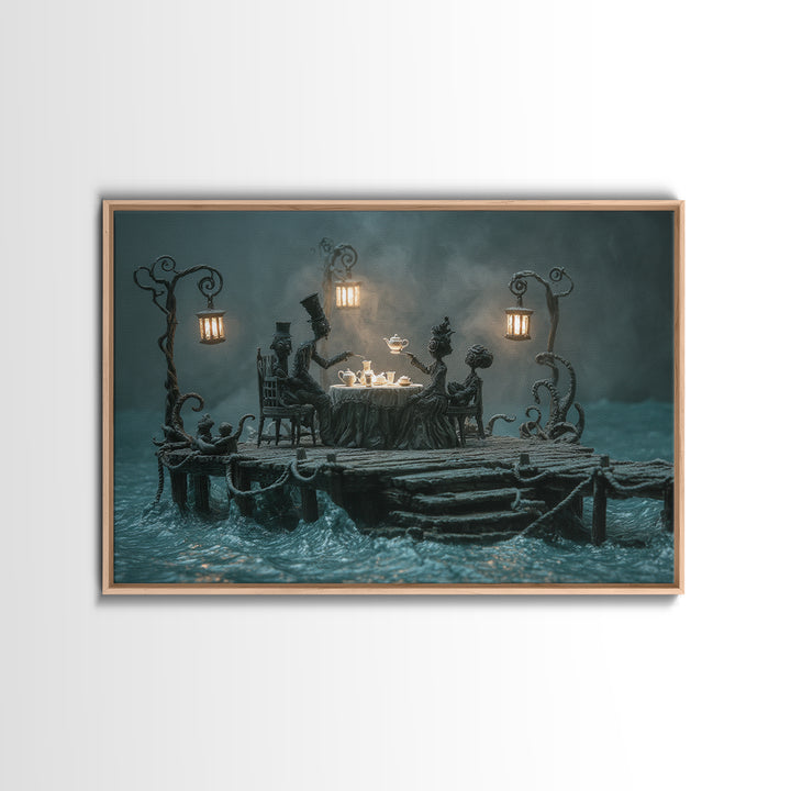 The Tea Party At Innsmouth Pier, Landscape Wall Art, Spooky Home Decor, Framed Canvas Print, Halloween Wall Decor, Gothic Home Decor