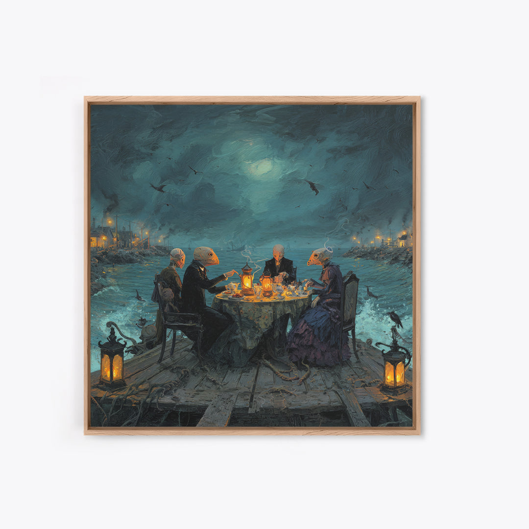 The Tea Party At Innsmouth Pier, Square Wall Art, Lovecraftian Horror Art, Framed Canvas Print, Halloween Wall Decor, Gothic Home Decor