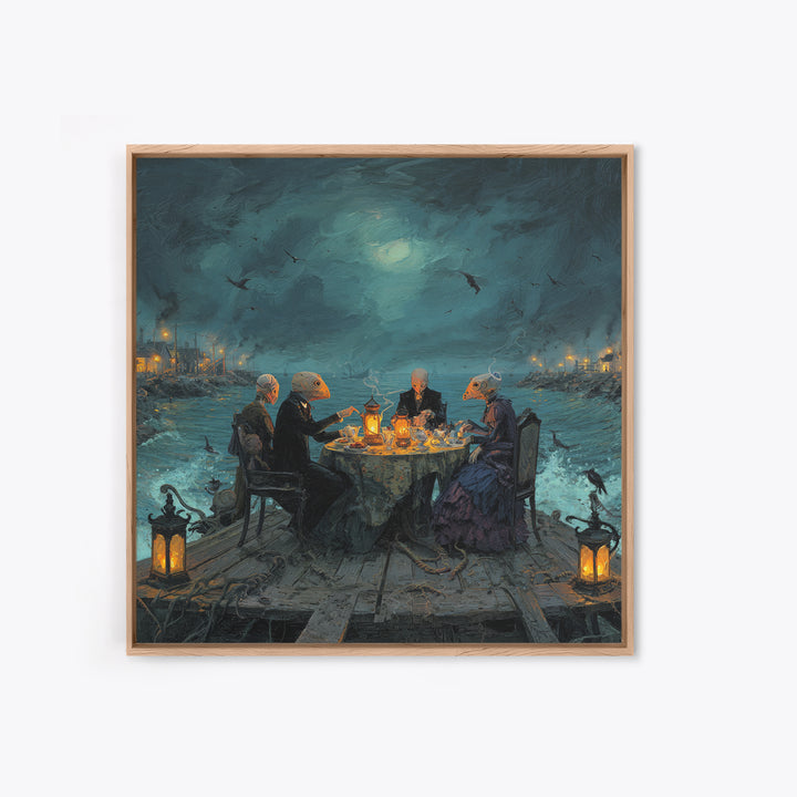 The Tea Party At Innsmouth Pier, Square Wall Art, Lovecraftian Horror Art, Framed Canvas Print, Halloween Wall Decor, Gothic Home Decor