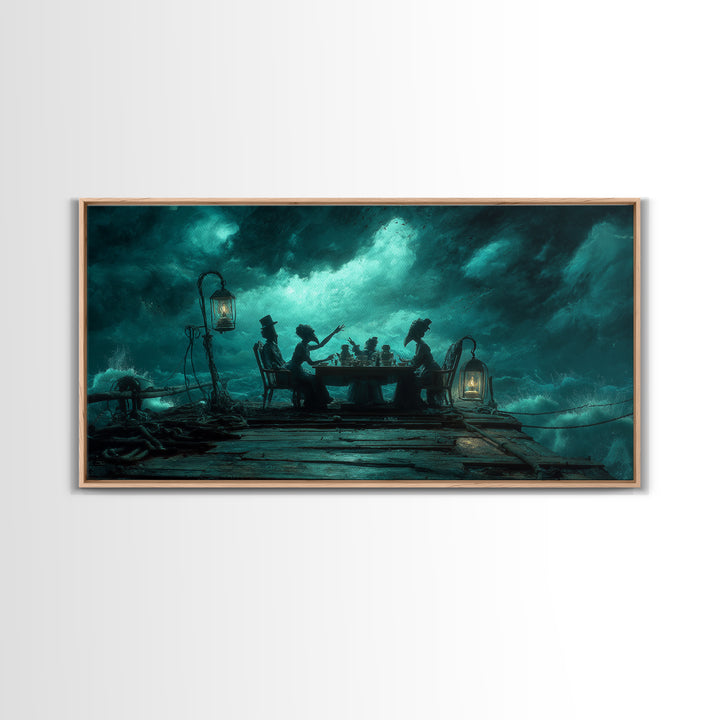The Tea Party At Innsmouth Pier, Wide Panoramic Art, Haunted Gothic Art, Framed Canvas Print, Halloween Wall Decor, Gothic Home Decor