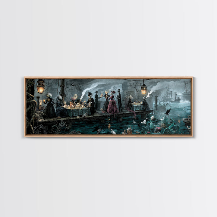 The Tea Party At Innsmouth Pier, Extra Wide Wall Art, Gothic Horror Wall Art, Framed Canvas Print, Halloween Wall Decor, Gothic Home Decor