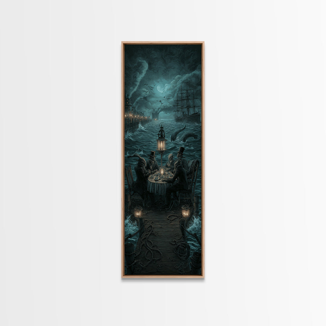The Tea Party At Innsmouth Pier, Tall Narrow Wall Art, Dark Halloween Decor, Canvas Print, Halloween Wall Decor, Gothic Home Decor