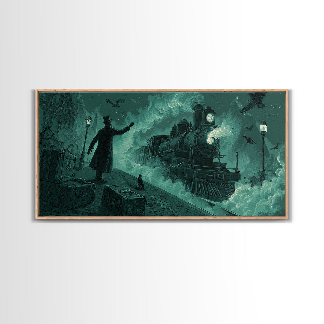 The Phantom Train To Kadath, Wide Panoramic Art, Macabre Wall Art, Framed Canvas Print, Halloween Wall Decor, Gothic Home Decor