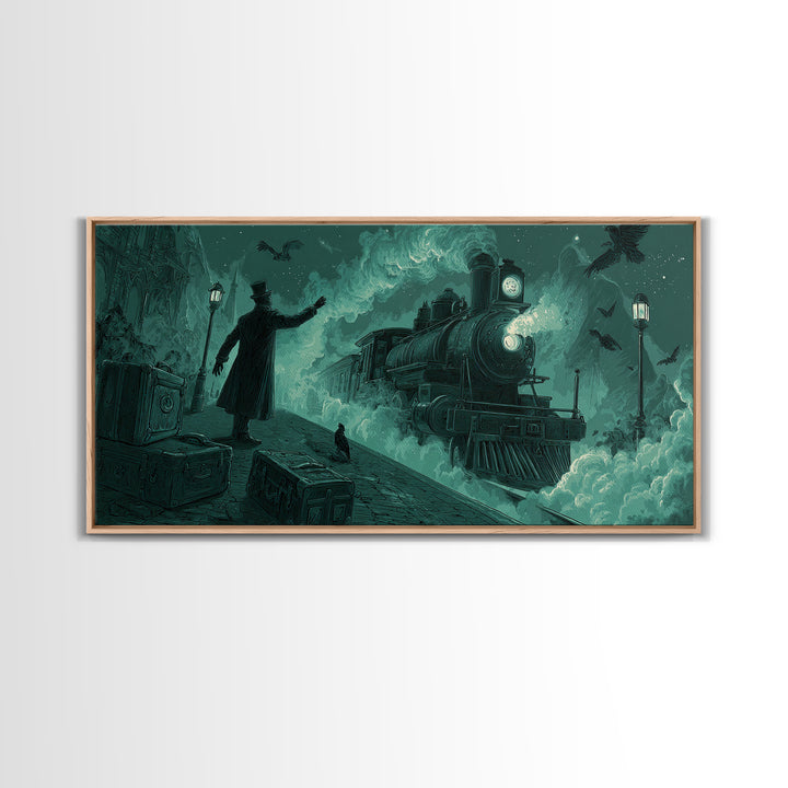 The Phantom Train To Kadath, Wide Panoramic Art, Macabre Wall Art, Framed Canvas Print, Halloween Wall Decor, Gothic Home Decor