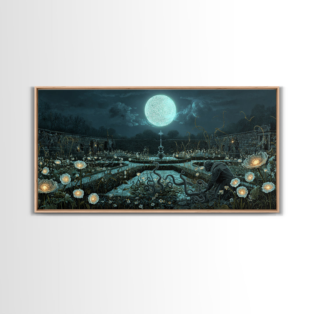 The Garden Of The Eyeless Moon, Wide Panoramic Art, Gothic Horror Wall Art, Canvas Print, Halloween Wall Decor, Gothic Home Decor