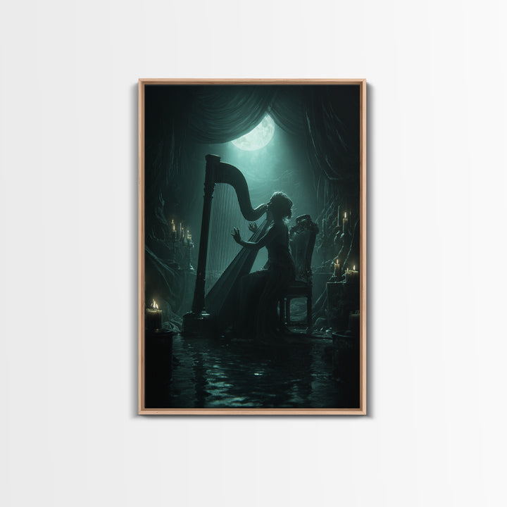 The Harpist Of Abyssal Sleep, Vertical Wall Art, Haunted Gothic Art, Canvas Print, Halloween Wall Decor, Gothic Home Decor