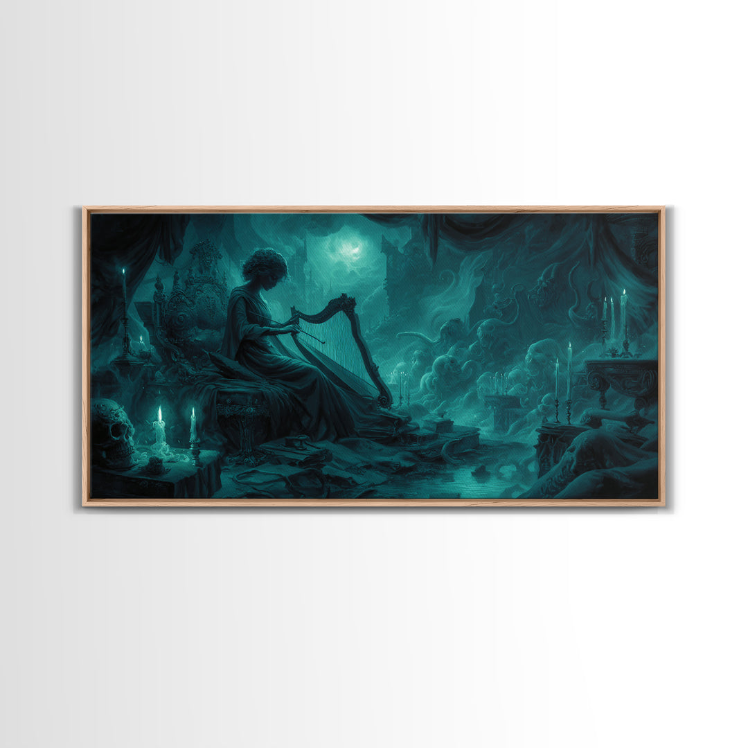The Harpist Of Abyssal Sleep, Wide Panoramic Art, Lovecraftian Horror Art, Framed Canvas Print, Halloween Wall Decor, Gothic Home Decor
